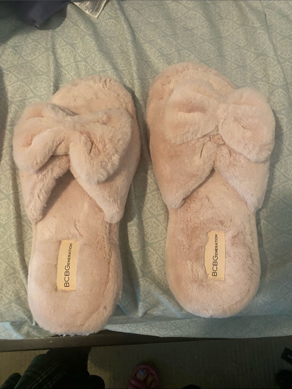 BCBGeneration Plush Bow Slide Slippers in Blush